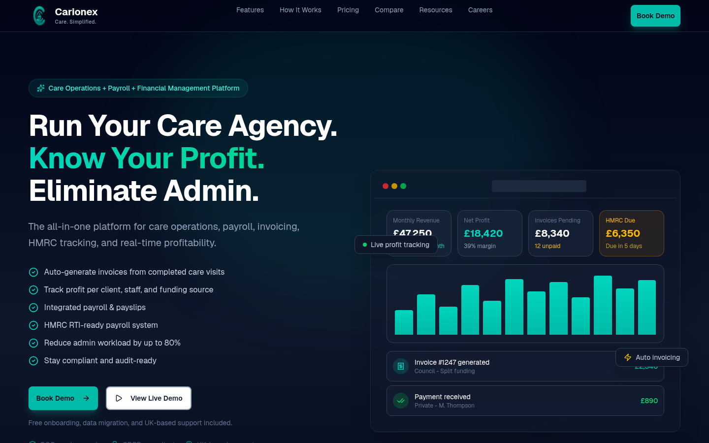 Carionex website hero